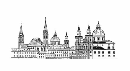 Fototapeta premium Detailed black and white sketch of an ornate architectural cityscape with domes and spires
