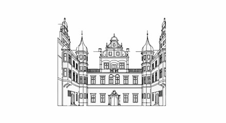 Obraz premium Detailed black and white sketch of a grand, ornate historical building facade