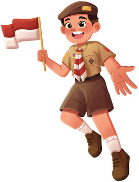 Indonesian Pramuka Boy Running with Indonesian Flag Illustration
