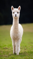 Fototapeta premium White alpaca standing on green grass with soft background, cute fluffy farm animal portrait