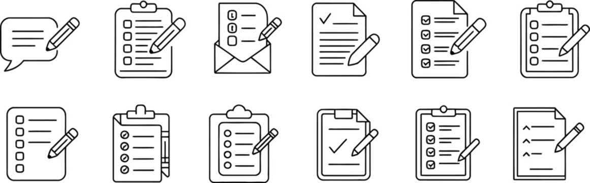 Black and white line depicting various office and work activities and tools line black and white