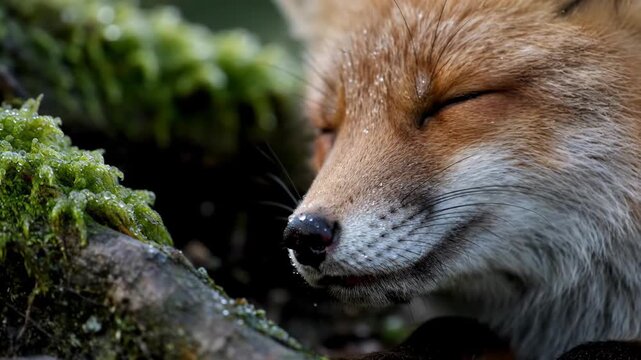 Close-up of a sleepy red fox resting peacefully in a natural forest environment amongst mossy branches with cold droplets on its fur and nose while depicting wildlife and nature with a serene mood