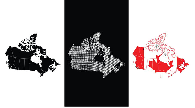 Canada map icon illustration, national silhouette artwork, halftone flag design, provincial boundary graphics, patriotic symbol, flat vector illustration