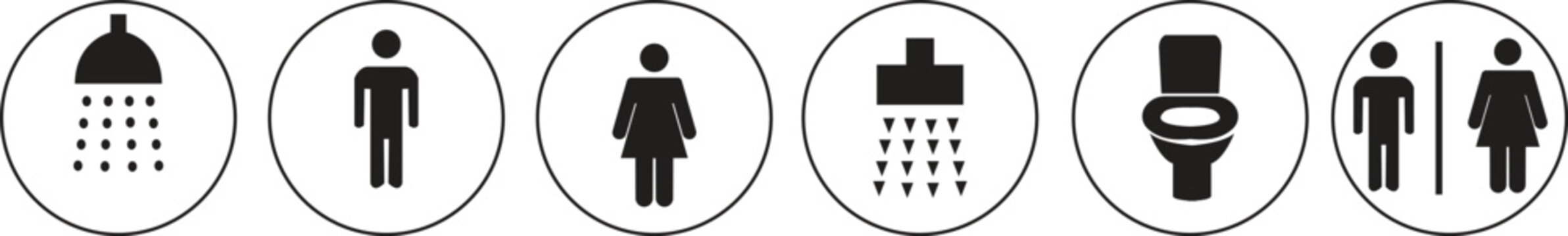 Modern restroom and public facility icons collection featuring male and female toilet symbols, WC signs, accessible wheelchair icons, elevator and escalator pictograms, and minimal line and solid styl