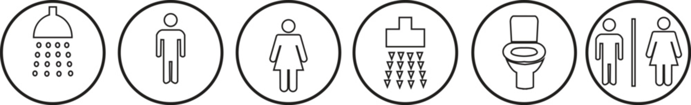 Modern restroom and public facility icons collection featuring male and female toilet symbols, WC signs, accessible wheelchair icons, elevator and escalator pictograms, and minimal line and solid styl