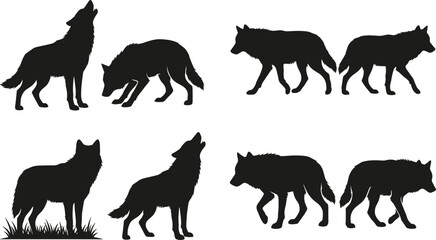 Fototapeta premium Wolf Silhouette Vector Set Featuring Howling, Walking, and Standing Wild Canine Poses with Grass Elements for Wildlife Design, Nature Illustration, and Animal Graphics