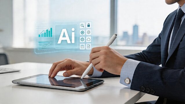 Businessman using digital tablet and stylus pen working on artificial intelligence interface Ai technology hologram display with chart graph icons for big data analytics smart