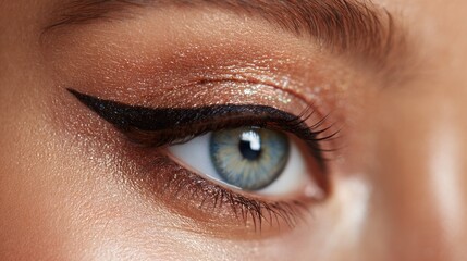 Obraz premium Eye close-up defined black liner, shimmery golden shadow, mesmerizing blue iris