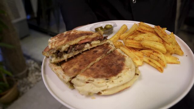 Grilled Flatbread Toast with Seasoned French Fries and Pickles