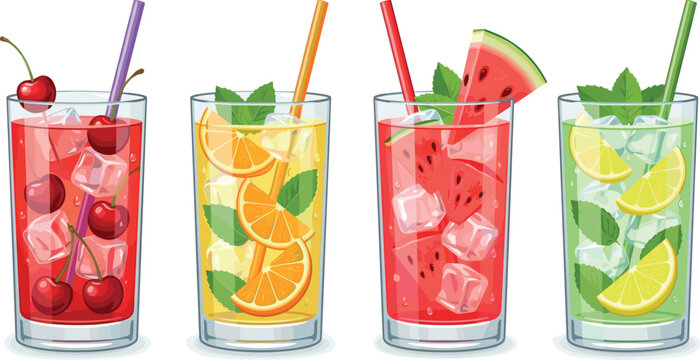 Refreshing Summer Cocktail and Mocktail Drink Set Featuring Cold Fruit Juices with Ice Cubes, Mint Leaves, Straws, Cherry, Orange, Watermelon, and Lime Garnish,