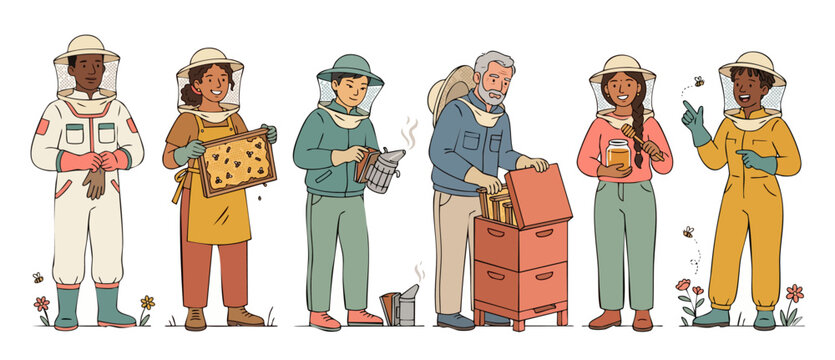 Beekeepers group illustration with honey harvesting tools and beehives. A diverse team of professional apiarists working with honeycomb, bee smoker, and honey jars in a flat modern cartoon character s