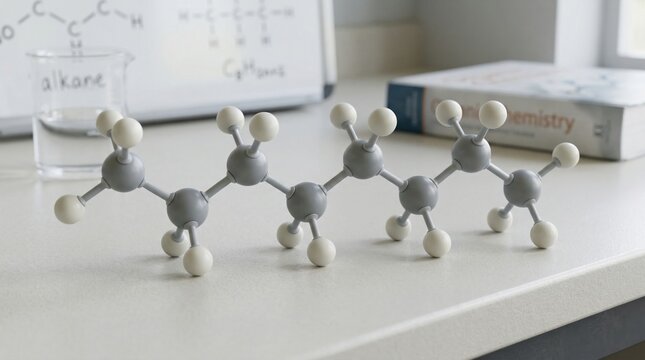 Molecular model of an alkane compound with carbon and hydrogen atoms on a laboratory desk with a beaker and chemistry textbook