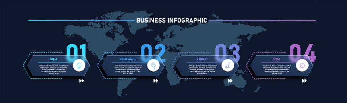 Modern glassmorphism business infographic template featuring four transparent hexagon workflow steps with neon gradient colors and world map background.