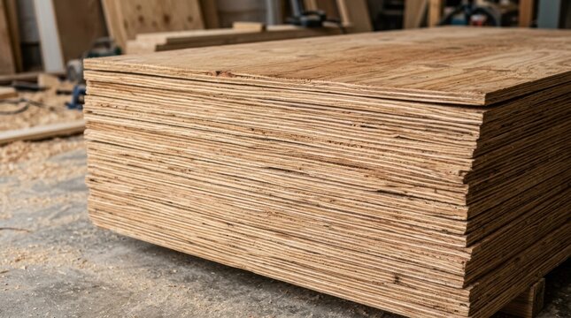 Stack of plywood sheets with visible wood grain texture in a woodworking workshop setting