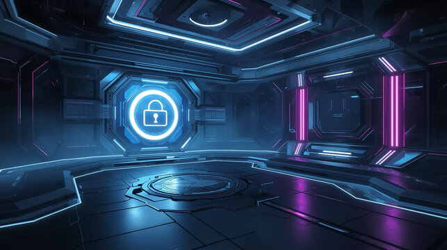Locked In the Light, Secure Corridor Protocol, Cyber Sanctum Gate Blue Lock Chamber Neon Security Domain Encrypted Entrance The Locked Future Room Purple-Blue Safety Engine Portal of Protection