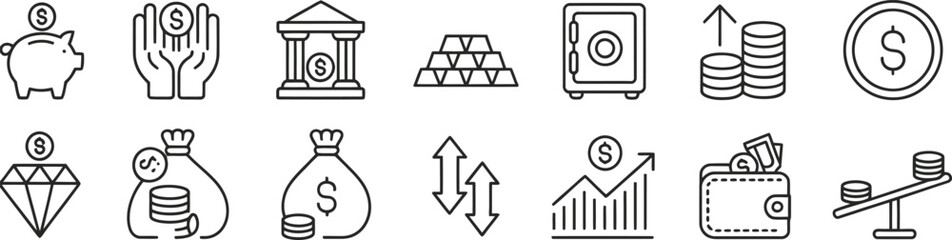 Fototapeta premium Flat set of coins piggy banks and currency symbols in black and white dollar sign euro sign