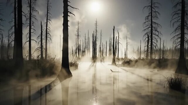 Eerie skeletal trees shrouded in mist within a desolate swamp under ethereal sunlight