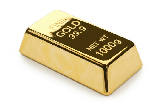Single shiny gold bar with fine gold 99.9 and 1000g inscription on a white background