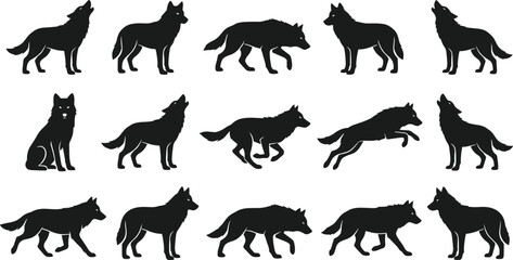 Obraz premium Large Wolf Silhouette Vector Collection Featuring Running, Howling, Sitting, and Standing Wild Canine Poses for Wildlife Design, Nature Illustration, and Animal Graphics