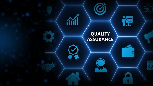 Quality assurance concept. Ensuring the products or services meet the required standards and expectations. Monitoring, testing and evaluation. Maintain consistency, reliability, customer satisfaction.
