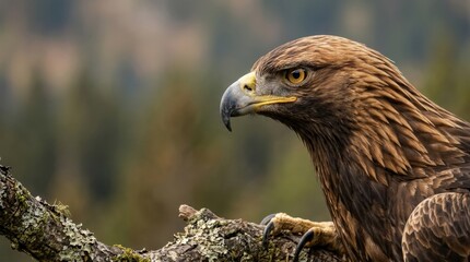 Fototapeta premium Golden eagle profile showing majestic strength in close up, powerful wildlife portrait with sharp detail, commercial stock appeal, balanced composition, soft natural light, realistic texture, crisp