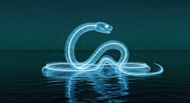 Glowing serpent illustration floating in water with neon light effects