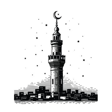 Minaret tower with crescent moon.