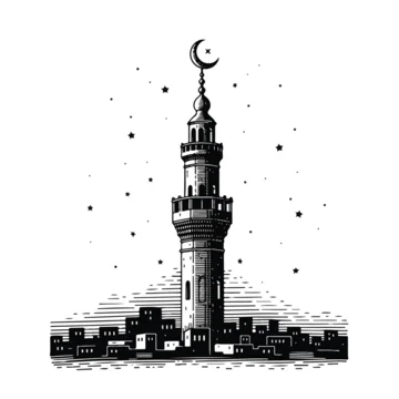 Minaret tower with crescent moon.