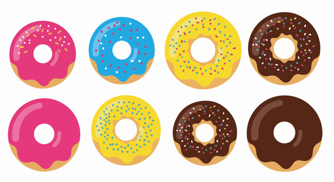 Eight colorful frosted donuts with sprinkles and plain chocolate