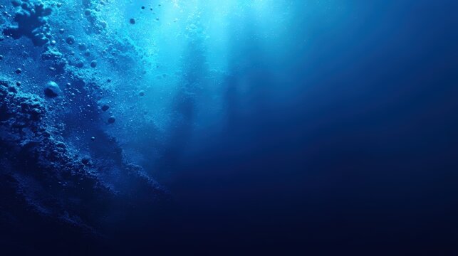 Underwater scene with bubbles rising through clear blue water, illuminated by light from above, invisible ai abstract background