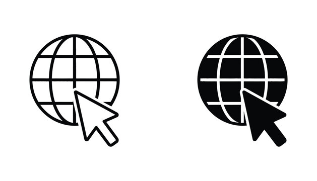 Internet world globe with cursor arrow icon set representing global connectivity and web navigation in outline and solid black styles isolated on white background