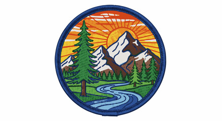 Embossed circular patch depicting a mountain landscape with a river and pine trees
