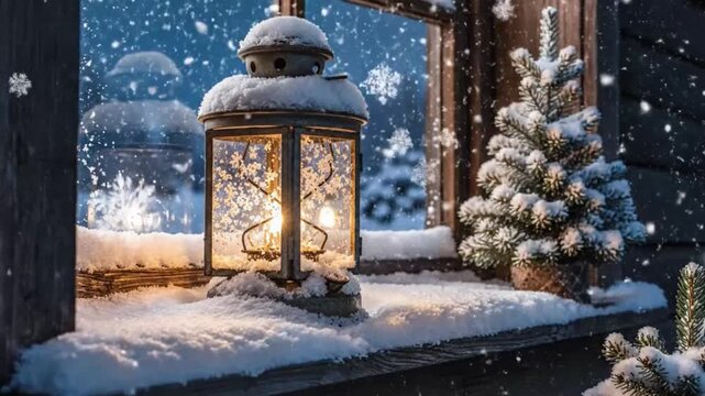 Snowy window scene with lantern and tree emphasizing environmental sustainability and eco-tourism