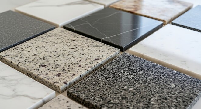 Variety of stone and granite samples.