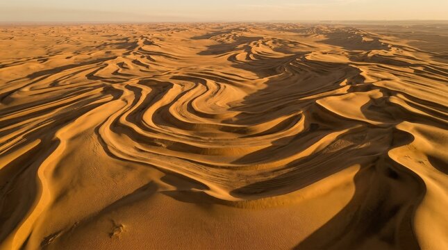 Aerial view of sand dunes in the desert, flowing sandy contours and layered ridges creating a tranquil natural abstraction, travel and nature concept, warm golden light, long shadows and realistic