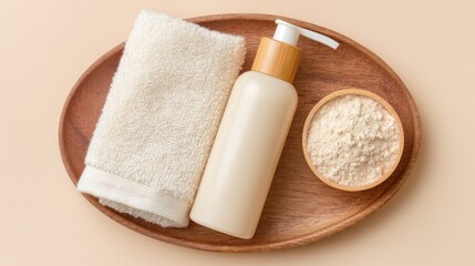 Naklejka premium A wooden tray holds a folded white towel, a beige pump bottle, and a small wooden bowl filled with a light-colored powder, set on a neutral backdrop