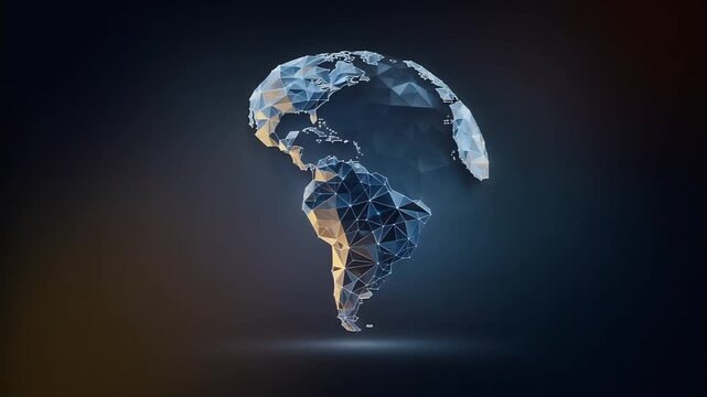Abstract 3D Geometric Globe Design Low Poly Representation of World Map with Focus on Americas and Dark Background