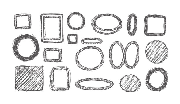 Collection of hand drawn sketchy geometric shapes in dark grey handdrawn frames