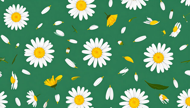Seamless pattern of white daisies and yellow dandelions scattered on a deep green background, spring floral motif