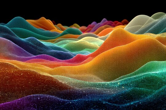 Vibrant rainbow particle waves on black background