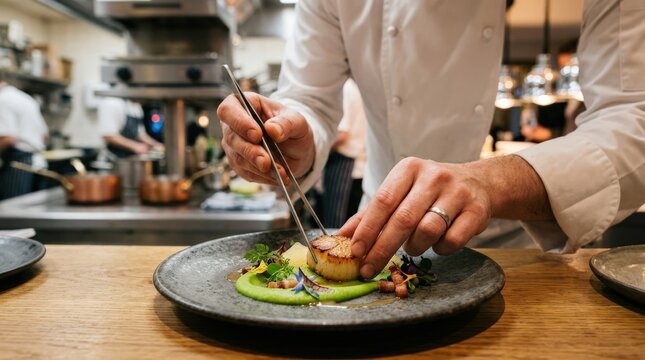 Chef delicately plating a seared scallop, fine dining culinary artistry, elegant restaurant presentation, close-up hands, warm kitchen light, realistic detail, no logos