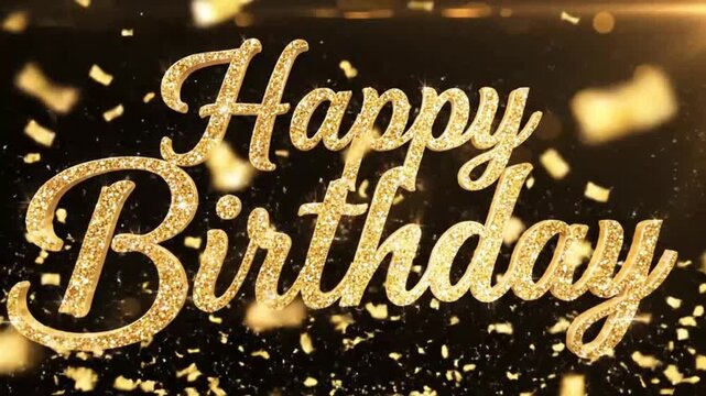 Golden Happy Birthday text with confetti symbolizing conceptual art and dynamic energy