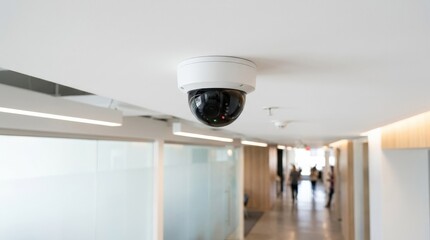 Modern dome security camera on a white ceiling, clean surveillance technology concept with sleek minimal design, realistic detail, no logos © Coosh448