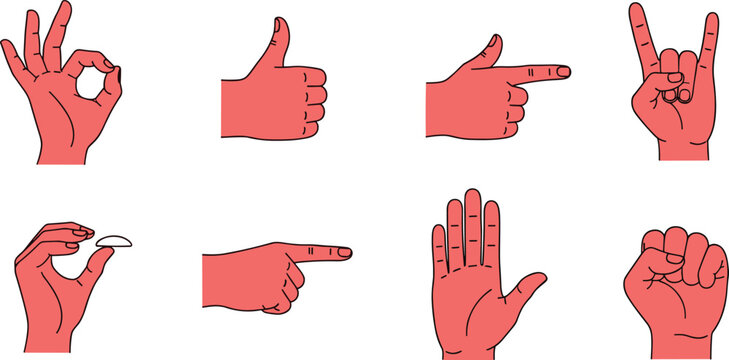 Hand Gesture Set with OK, Thumbs Up, Pointing, Rock On, and Fist for Communication, Icons, and Social Interaction Designs