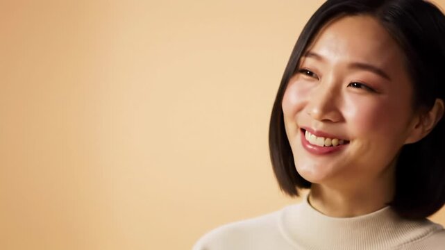 Radiant young person, medium close-up video, smiling joyfully, subtle head tilt, clean hairstyle, simple solid top, minimalist pastel background, creamy bokeh. concept of well-being and satisfaction