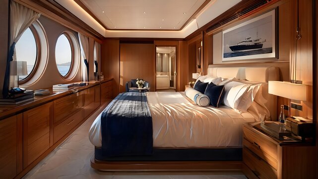 Exclusive bedroom cabin of a mega yacht, silk bedding, nautical blue accents, warm morning
light through portholes, hyper-realistic