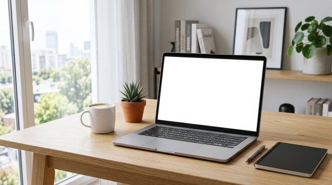 Laptop mockup with a white screen at a modern workspace, clean productivity scene for digital marketing, remote work, business and app promotion themes, minimal desk, natural light, realistic detail,
