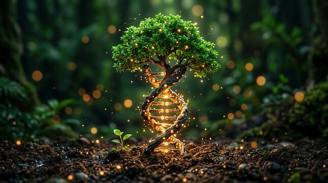 Luminous DNA Tree of Life in Enchanted Forest