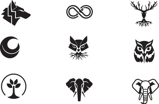 Black animal icons, wildlife symbols, vector illustrations, 8 animal logos
