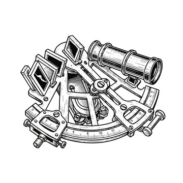 Vintage sextant navigation instrument closeup.